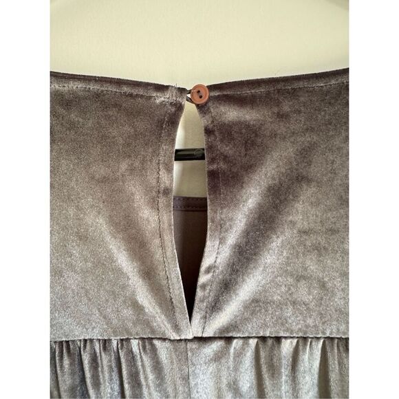 Cedar & Gold Velvet Grey Chrome Tiered Long Maxi Dress sz L Cottage Prairie Boho - Picture 7 of 7